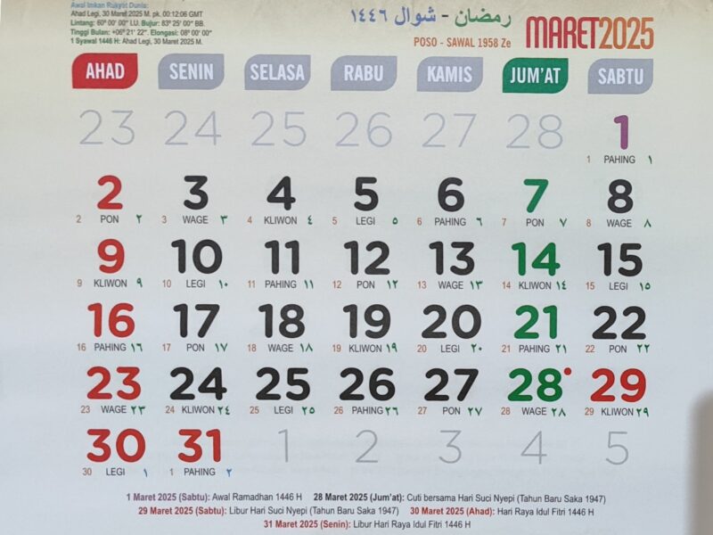 Kalender Bulan Maret 2025 (foto:istimewa/bomindonesia)