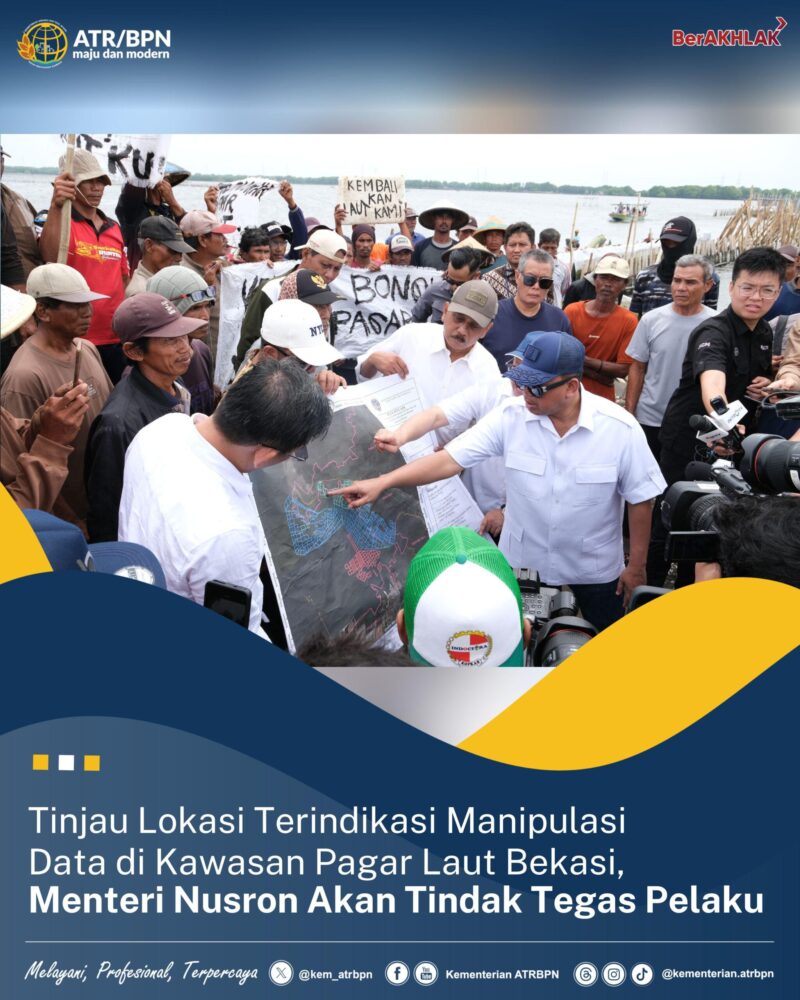 Menteri Agraria dan Tata Ruang/Kepala Badan Pertanahan Nasional (ATR/BPN), Nusron Wahid meninjau lokasi terbitnya Sertipikat Hak Guna Bangunan (HGB) di atas laut yang berada di Kabupaten Bekasi (foto:istimewa)