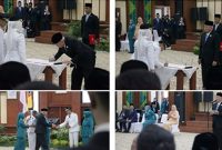 Gubernur Kalsel Muhidin saat melantik Wali Kota dan Wakil Wali Kota Banjarbaru periode 2025–2030, Hj. Erna Lisa Halaby dan Wartono, di Gedung Idham Chalid, Banjarbaru, Sabtu (21/6/2025). (Foto Istimewa/ MC Kalsel)