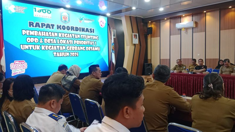 Rakor pembahasan stunting OPD dan desa lokasi prioritas I untuk kegiatan Gerbang Desamu tahun 2025 di Aula Bapperida Mura. (foto: Maya)