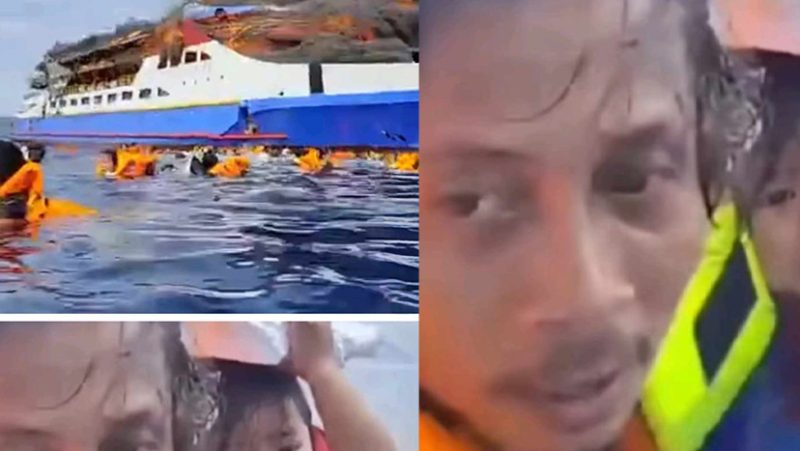 Kolase tangkapan layar Instagram KM Barcelona terbakar dan para penumpang yang memakai pelampung serta seorang penumpang menggendong bayi