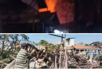 Kolase Kobaran api dan puing sisa kebakaran yang kembali mengamuk di Gang Nuruddin dan Gang Sekata, Pelambuan, Banjarmasin Barat, Senin (11/8/2025) dinihari. (Istimewa)