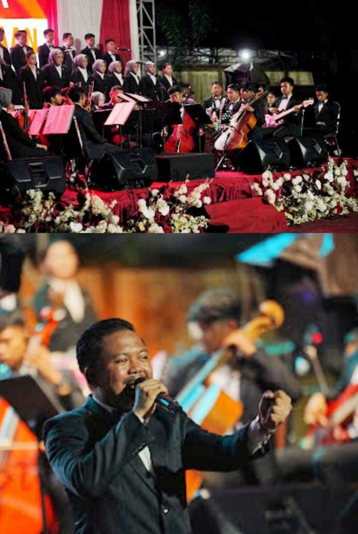 Murakata Symphony Orchestra saat tampil di Konser Kemerdekaan HUT ke-80 RI di Barabai, Sabtu malam (17/8/2025) (Kolase foto dokumen panitia)