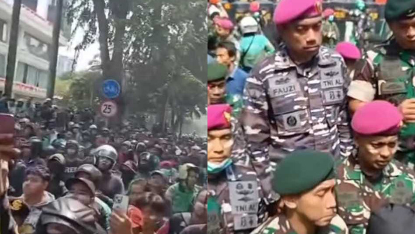 Kolase anggota TNI AD dan AL yang turun tangan menenangkan massa demonstran (@andreli_48)
