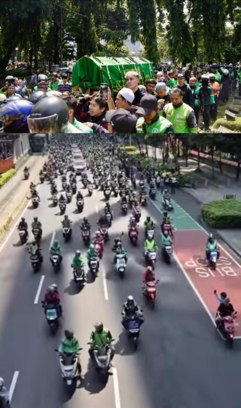 Kolase foto ribuan driver ojol iringi pemakaman Affan Kurniawan