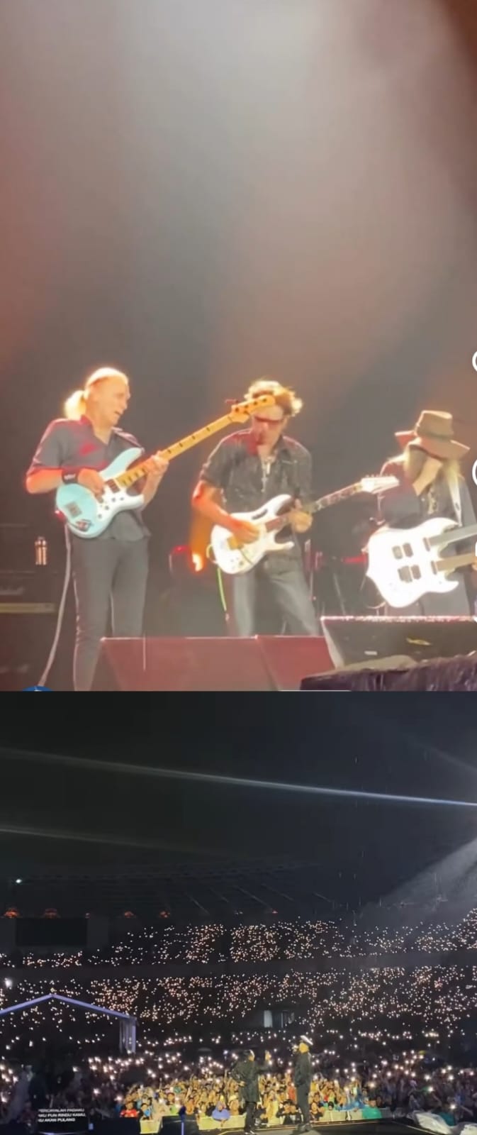 Kolase aksi Dewa Gitar Steve Vai (ex David Lee Roth Band, ex White Snake) Bumblefoot (ex Gun n Roses) dan Dewa Bass Billy Sheehan(ex Mr Big) yang mewarnai konser Dewa 19 Feat All Stars (atas) dan lautan Baladewa yang memenuhi Stadion GBK Jakarta (Foto Istimewa)