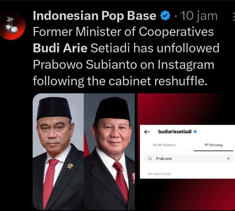Budi Arie Setiadi terciduk sempat unfollow Presiden Prabowo Subianto di Instagram. (Foto: X @IndoPopBase)
