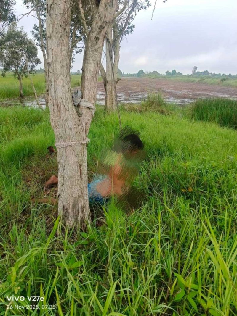 Korban gantung diri di bawah pohon dekat sawah Jejangkit, Kecamatan Jejangkit, Kabupaten Barito Kuala (Batola), Rabu (26/11/2025). (foto: istimewa)
