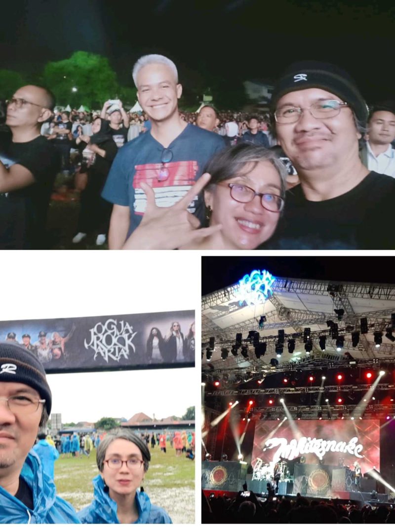Roxas Yohanes dan istri metalhead asal Kapuas, Kalimantan Tengah berpose dengan Ganjar Pranowo, Gubenur Jawa Tengah waktu itu dan mantan Calon Presiden ketika menghadiri gelaran Jogracokarta tahun 2020 dengan Headliner Whitesnake dan Scorpion  (Foto dokumen pribadi )