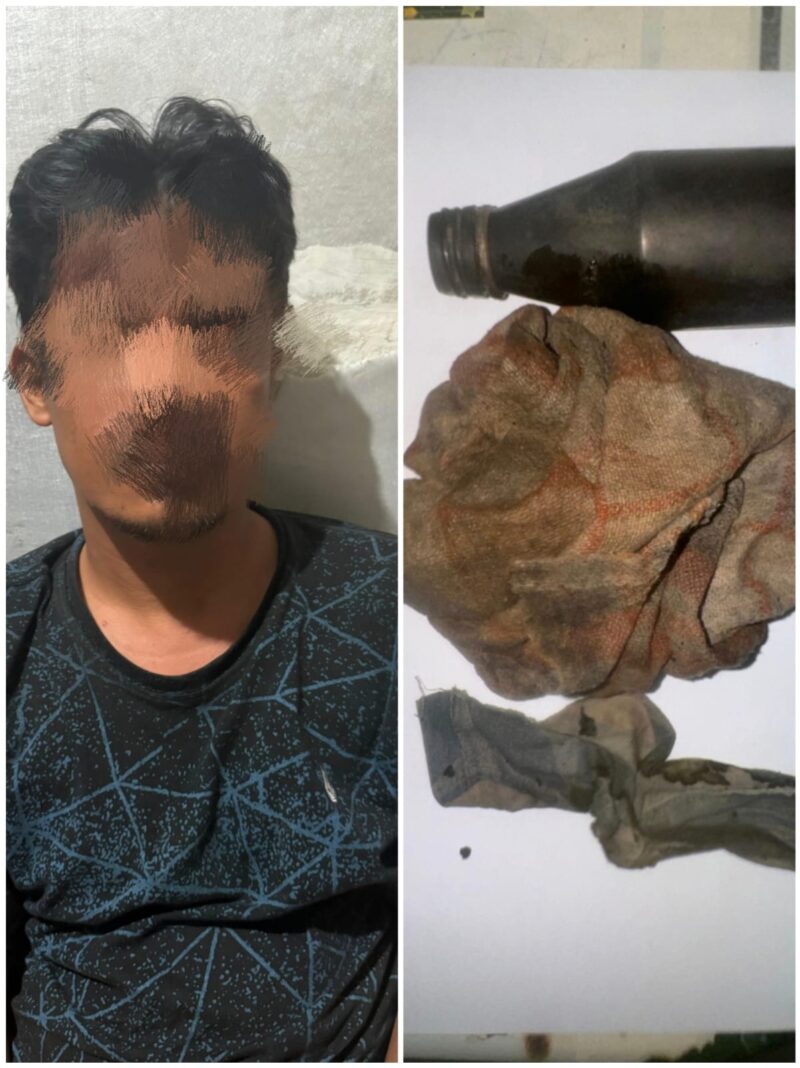 PELAKU MOLOTOV – DH diamankan Tim Opsnal Polsek Banjarmasin Utara usai diduga melempar molotov ke atap rumah warga di kawasan Cemara Ujung, Selasa (24/2/2026). (Foto: Istimewa)