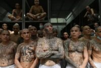 Para narapidana di dalam sel penjara Pusat Penahanan Kontra-Terorisme (CECOT), tempat ratusan anggota geng MS-13 dan 18 Street ditahan, di Tecoluca, El Salvador, 27 Januari 202 (
Marvin RECINOS / AFP via Getty Images)
