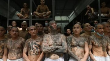 Para narapidana di dalam sel penjara Pusat Penahanan Kontra-Terorisme (CECOT), tempat ratusan anggota geng MS-13 dan 18 Street ditahan, di Tecoluca, El Salvador, 27 Januari 202 (
Marvin RECINOS / AFP via Getty Images)
