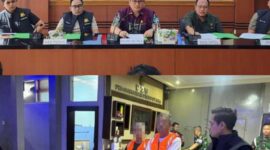 PRESS RELEASE – Kepala Kejaksaan Negeri Barito Kuala Dr. Andrianto Budi Santoso, SH, MH didampingi jajaran saat menggelar konferensi pers terkait penetapan dan penahanan empat tersangka dugaan korupsi tata kelola keuangan PDAM Barito Kuala di Kantor Kejari Barito Kuala, Jumat (26/6/2026). (foto: istimewa)