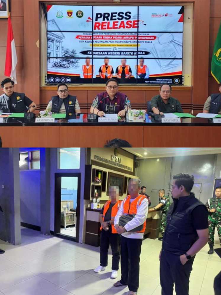 PRESS RELEASE – Kepala Kejaksaan Negeri Barito Kuala Dr. Andrianto Budi Santoso, SH, MH didampingi jajaran saat menggelar konferensi pers terkait penetapan dan penahanan empat tersangka dugaan korupsi tata kelola keuangan PDAM Barito Kuala di Kantor Kejari Barito Kuala, Jumat (26/6/2026). (foto: istimewa)