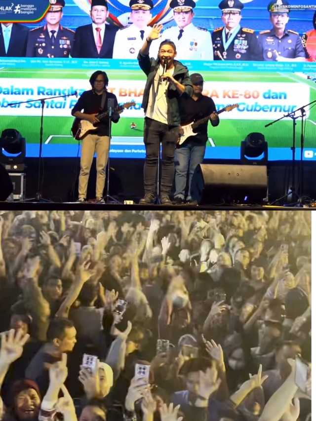 HUMA BETANG NIGHT – Kolase: Pasha Ungu menghibur ribuan masyarakat pada puncak kemeriahan Huma Betang Night di Bundaran Besar Palangka Raya, Sabtu (4/7/2026) malam (atas). Antusiasme warga membuat kawasan Bundaran Besar dipadati lautan penonton hingga akses lalu lintas dari dan menuju lokasi ditutup sementara serta dialihkan oleh petugas (bawah). (foto: Diskominfosantik Kalteng)
