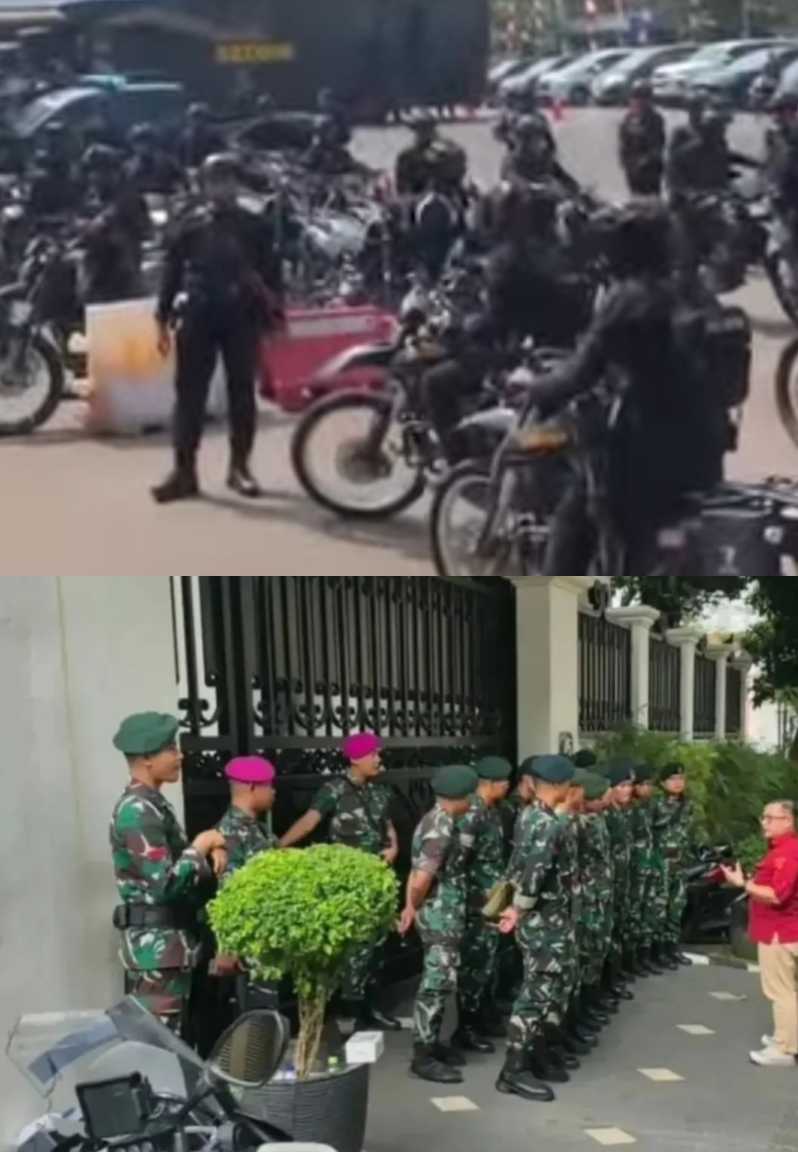 PENGAMANAN KETAT – Personel Brimob bersenjata lengkap disiagakan di Markas Polda Metro Jaya bersama kendaraan taktis menyusul pengamanan barang bukti perkara korupsi (atas). Sementara personel TNI melakukan pengamanan di rumah dinas Jaksa Agung Muda Tindak Pidana Khusus (Jampidsus) Kejaksaan Agung, Febrie Adriansyah, di Jakarta (bawah). (foto: kolase/berbagai sumber)