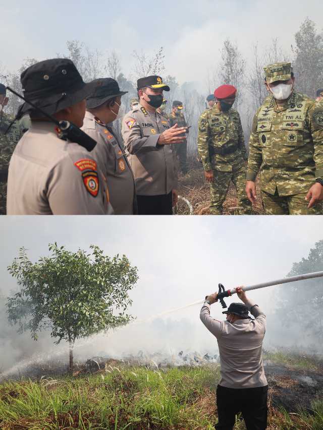 KARHUTLA KALSEL – Astamaops Polri Komjen Pol. Dr. Muhammad Fadil Imran, M.Si., bersama Kepala Staf Angkatan Laut (KSAL) Laksamana TNI Dr. Muhammad Ali meninjau langsung penanganan kebakaran hutan dan lahan (karhutla) di Guntung Damar, Banjarbaru, Kalimantan Selatan, Sabtu (22/8/2026) (Foto Humas Polda Kalsel)
