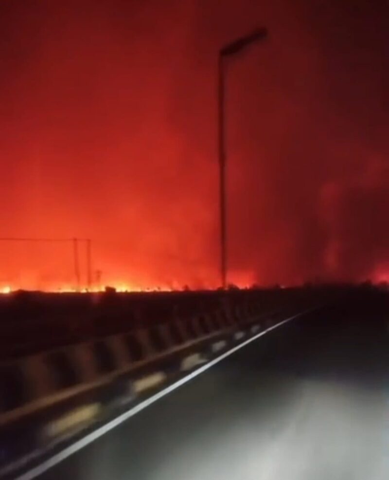 Tangkapan layar video warga yang melintas di kawasan Tumbang Nusa, Pulang Pisau, Minggu (30/8/2026) malam. Langit tampak memerah akibat kobaran api karhutla. (foto: tangkapan layar video warga)


