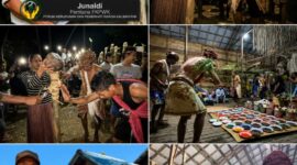 ARUH BATUMBAN – Masyarakat adat Dayak Meratus mengikuti prosesi ritual Aruh Batumban di Balai Adat Desa Batung, Kecamatan Batang Alai Timur, Kabupaten Hulu Sungai Tengah. Tradisi turun-temurun ini menjadi simbol rasa syukur, permohonan keselamatan, serta upaya menjaga harmoni antara manusia, alam dan Sang Pencipta. (foto: istimewa/kolase tangkapan layar )

