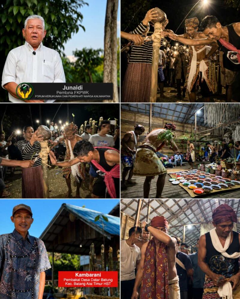 ARUH BATUMBAN – Masyarakat adat Dayak Meratus mengikuti prosesi ritual Aruh Batumban di Balai Adat Desa Batung, Kecamatan Batang Alai Timur, Kabupaten Hulu Sungai Tengah. Tradisi turun-temurun ini menjadi simbol rasa syukur, permohonan keselamatan, serta upaya menjaga harmoni antara manusia, alam dan Sang Pencipta. (foto: istimewa/kolase tangkapan layar )

